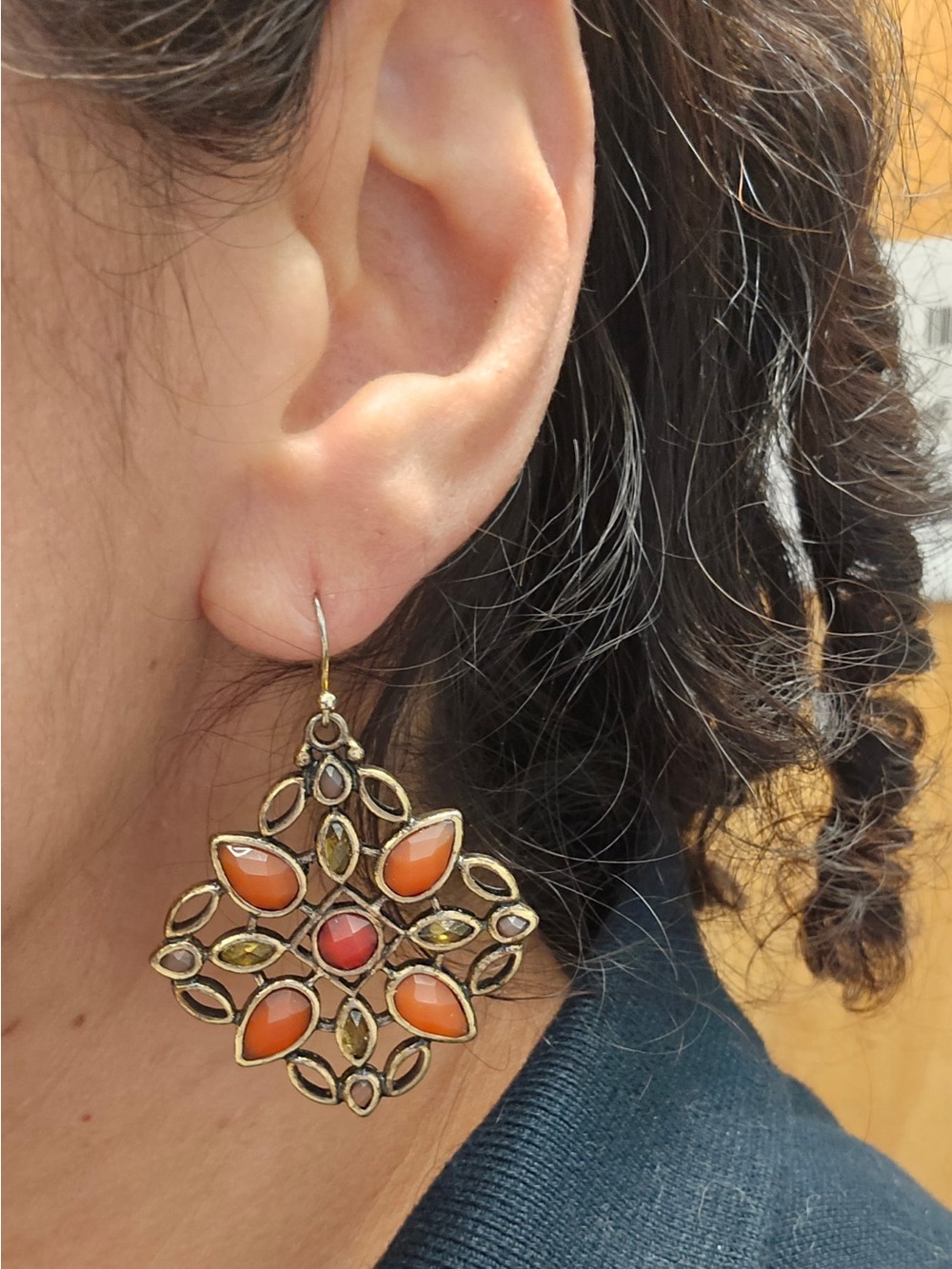 Lucky Brand Gold-Tone Filigree Dangle Earrings with Orange and Amber Stones
